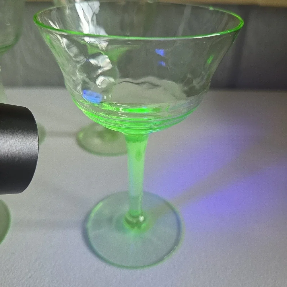 Vintage Uranium Small Stem Glass Green Hue Collectible Glassware Set Of 4